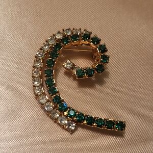Green and Silver Swirl Brooch with Crystal Accents